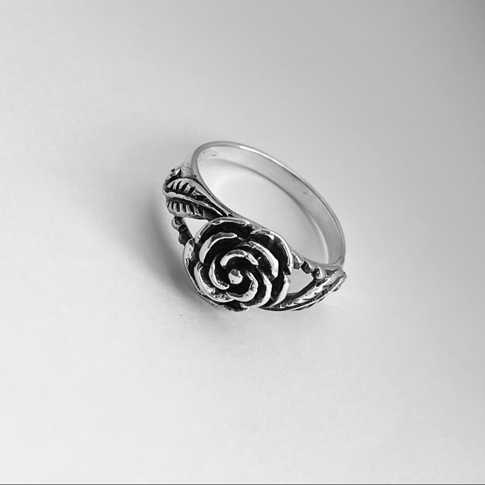 Sterling Silver Rose Ring with Leaves, Flower Ring, Silver Ring, Leaf Ring